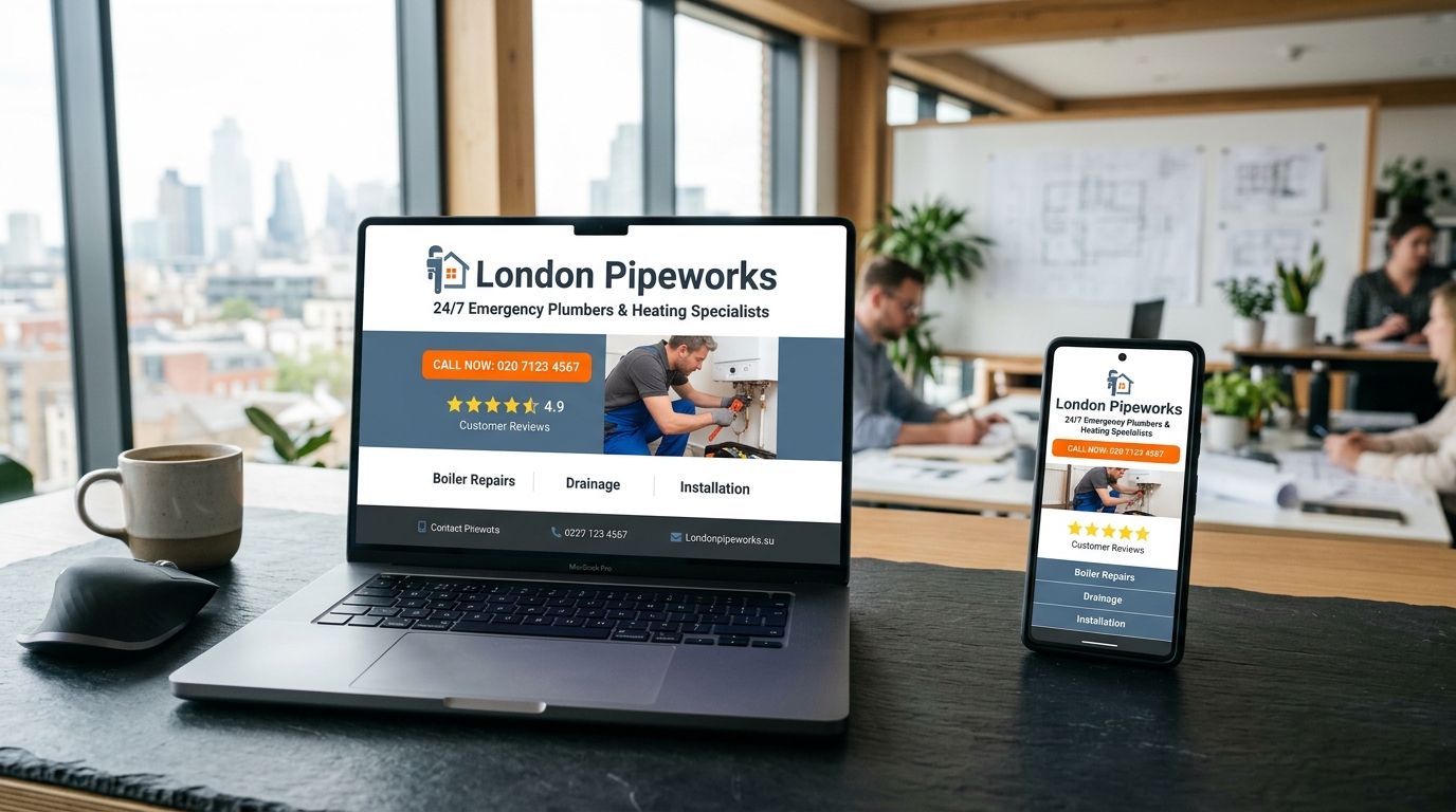 A plumber's professional website shown on a laptop and phone, built by TradeWebs