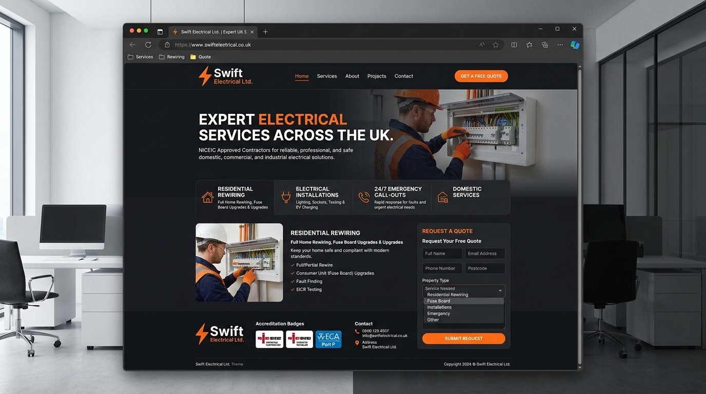 Swift Electrical website mockup built by TradeWebs