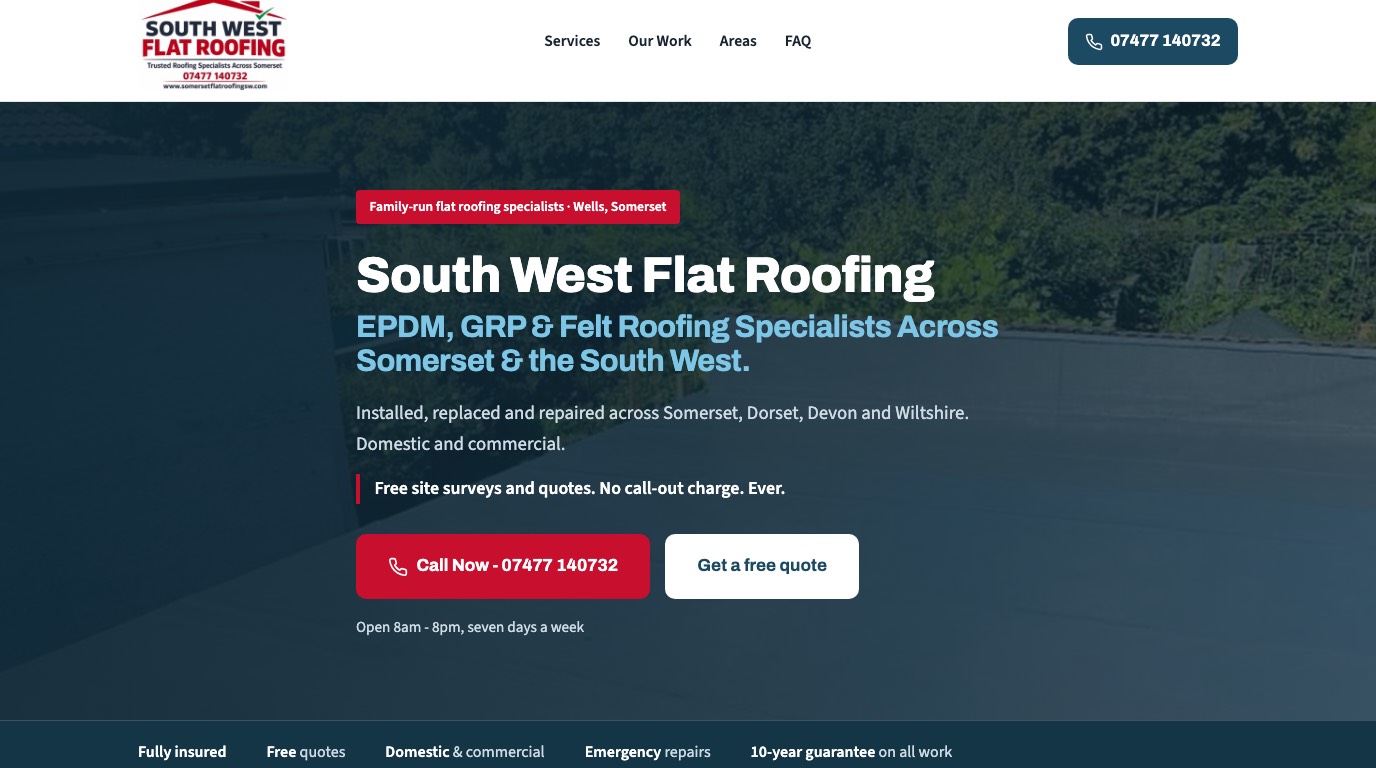 South West Flat Roofing website built and managed by TradeWebs