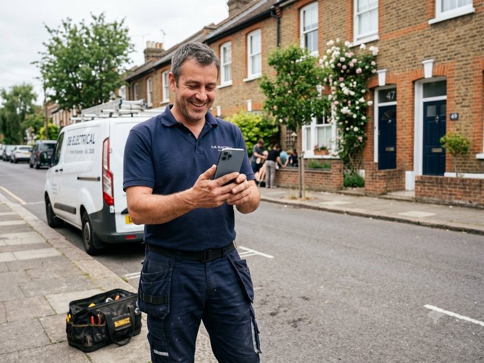A tradesman checking his phone after receiving a new job enquiry